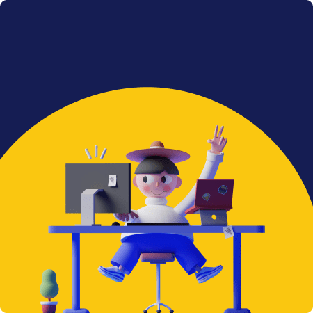 Mock 3d d'un webdesigner avec en arrière blanc une bulle jaune