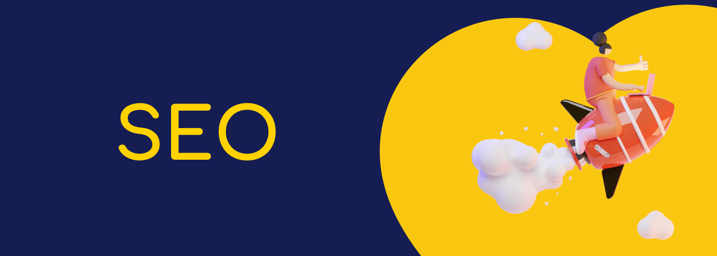 Design avec une fusée qui vole et le mot SEO en jaune