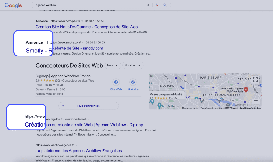 page google avec requête webflow, annonce entouré et recherche organique entouré en bleu