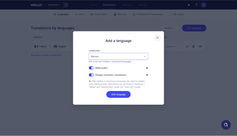 Fonction "add a language" de Weglot