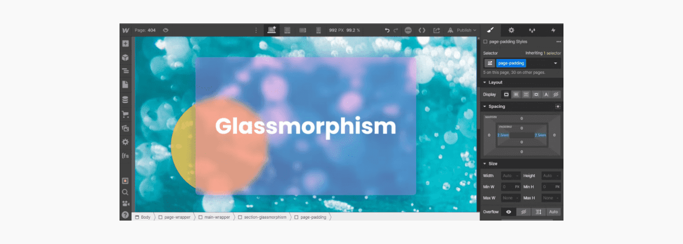 Exemple d'effet glassmorphism bleu sur l'interface de design webflow