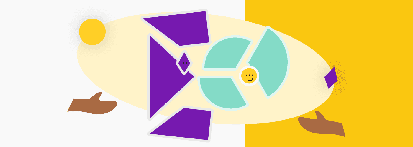 Formes géométriques de couleurs violète et verte qui s'assemble avec main autour
