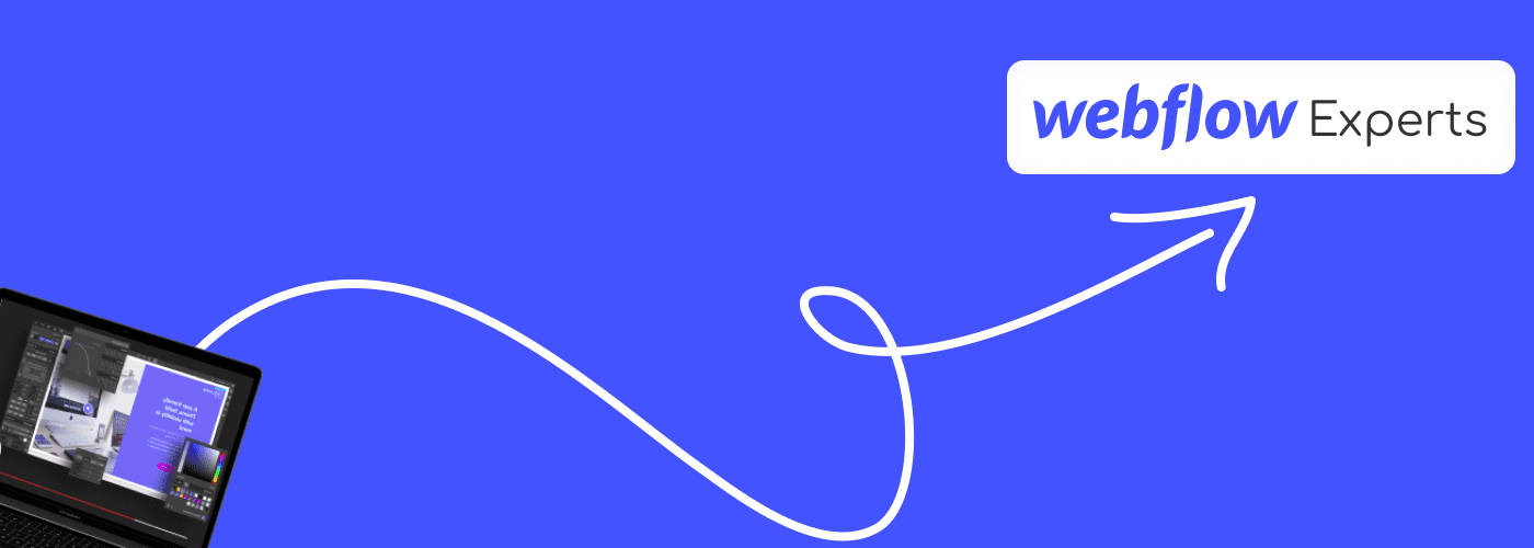 Ordinateur avec l'interface Webflow et une flèche dirigeant vers un badge Webflow Expert