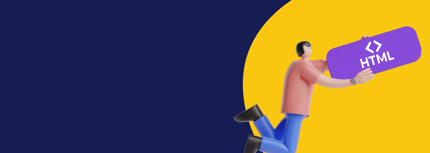 Personnage 3d avec une pancarte dans les mains, ou il est écrit "HTML"