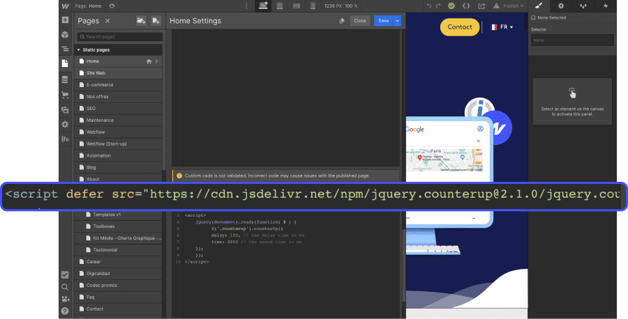 Exemple d'integration code jQuery sur Webflow