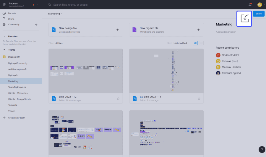 tableau de bord figma avec fonctionnalité d'importation entouré en bleu