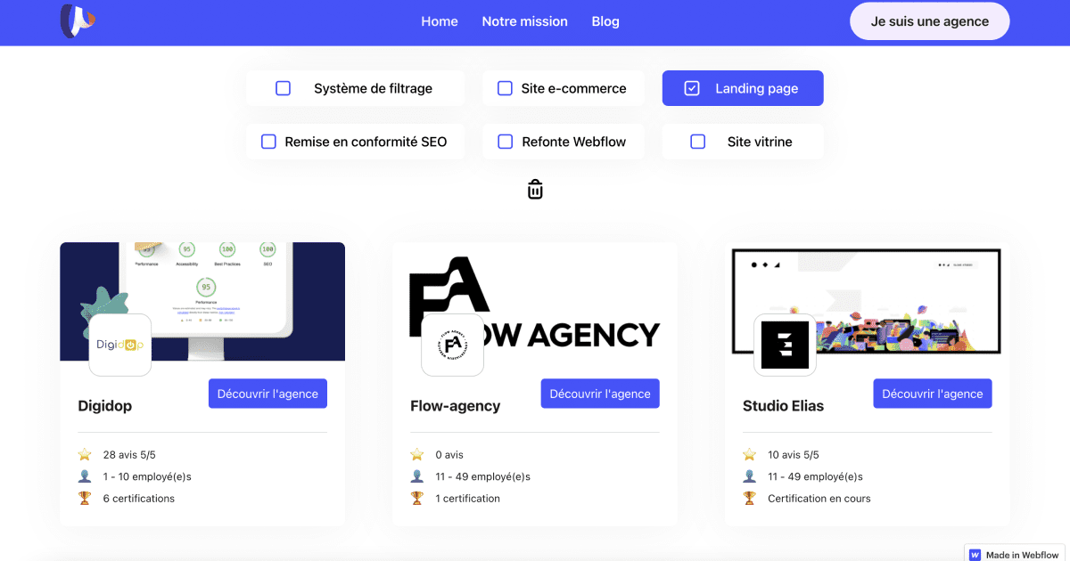 3 Cartes avec différentes agences Webflow