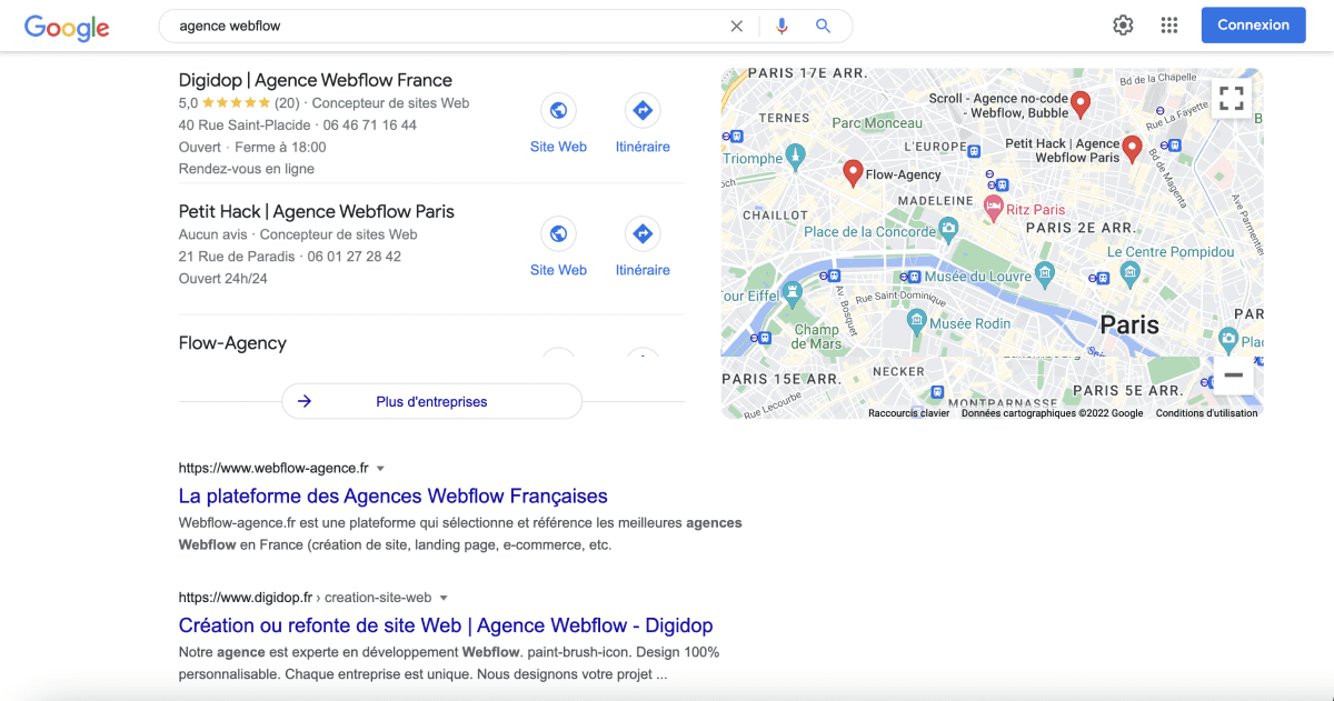 Résultat de recherche en première position sur le moteur de recherche Google sur la requête "Agence Webflow"