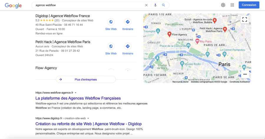Résultat de recherche en première position sur le moteur de recherche Google sur la requête "Agence Webflow"