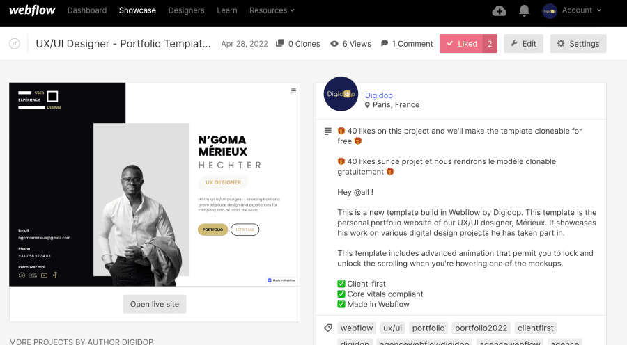 Projet cloneable du portfolio de Mérieux sur le Webflow Showcase