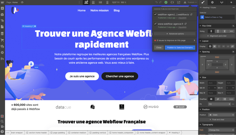 Interface Webflow du site webflow-agence.fr