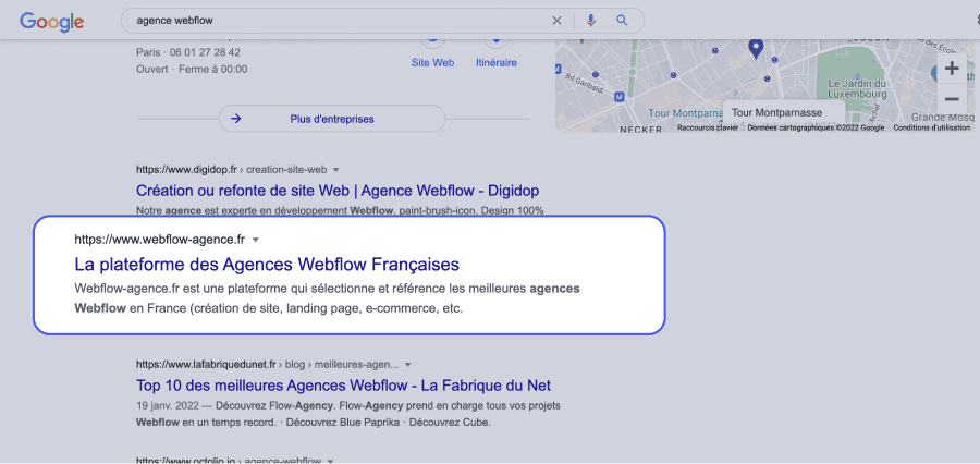 Résultat SEO sur la requête "Agence Webflow"