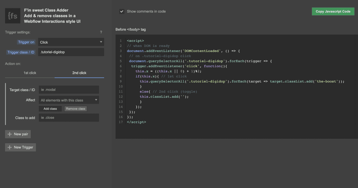 Capture d'écran de l'outil qui écrit du code Js pour Webflow