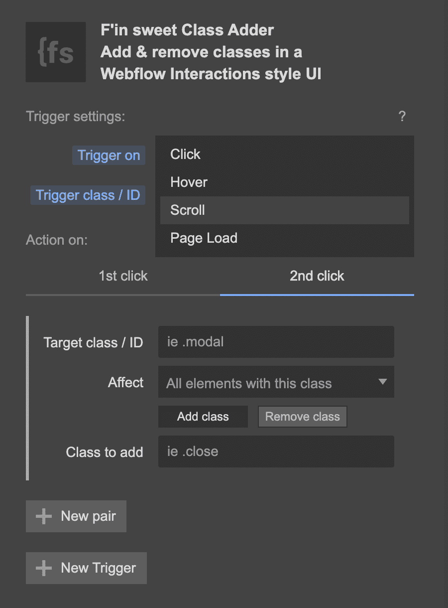 Options d'utilisations possible du Finsweet Class Adder