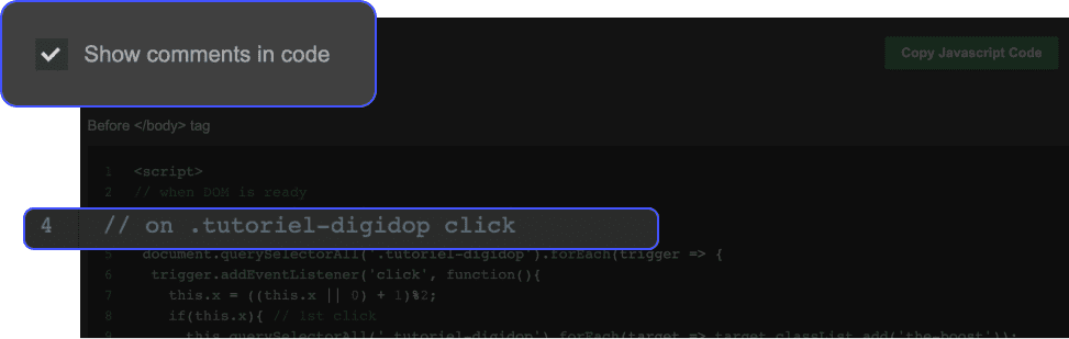 Toggle d'affichage de commentaires dans le code Js