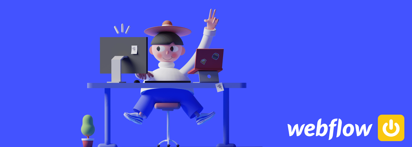 Mockup d'un webdesigner en 3d et logo Webflow avec Power Jaune de Digidop