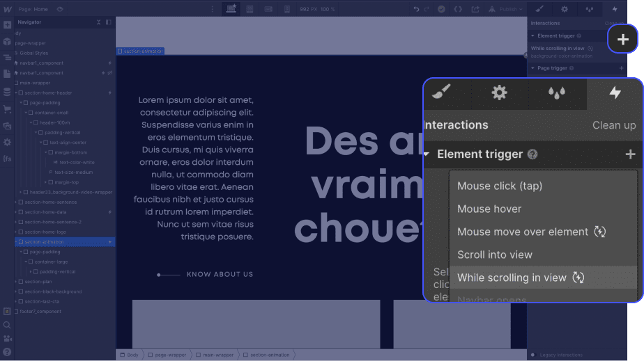Animation de style CSS "BG color" dans Webflow