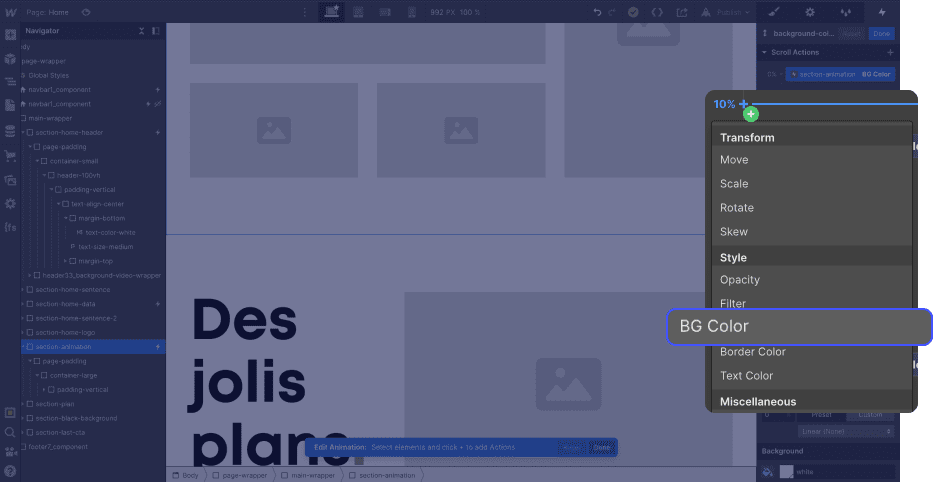 Animation de style CSS "BG color" dansWebflow