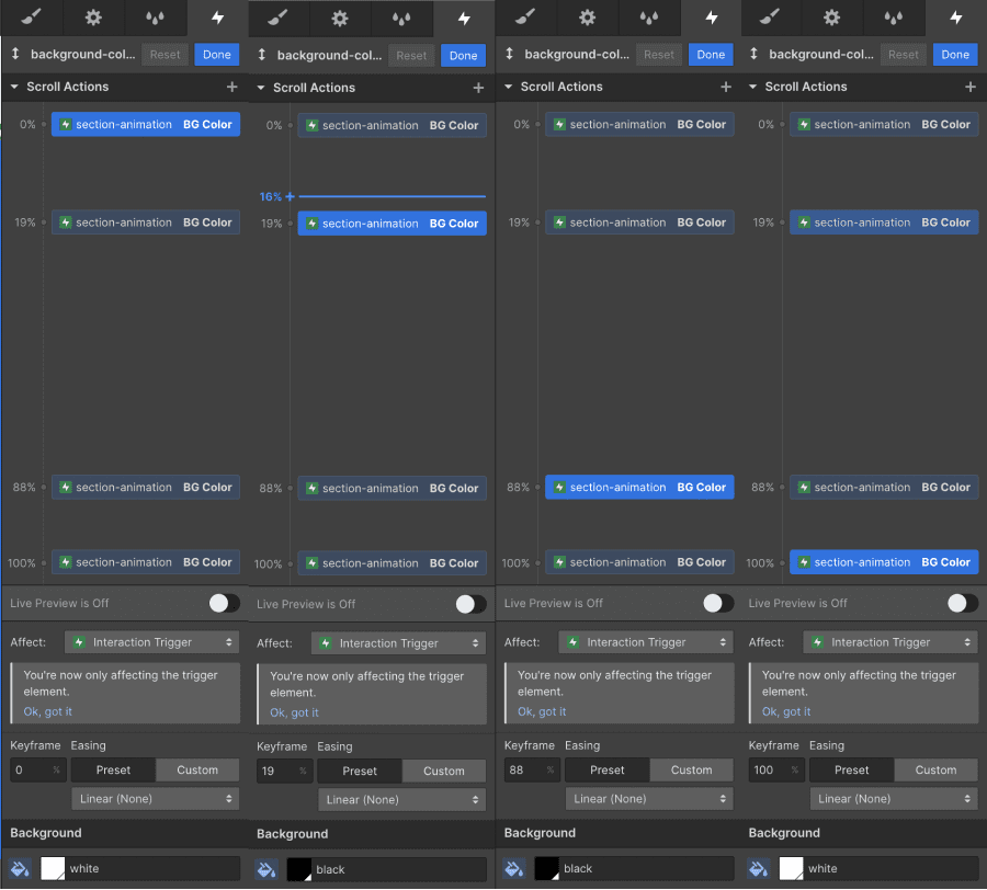 Background color change animation inside Webflow