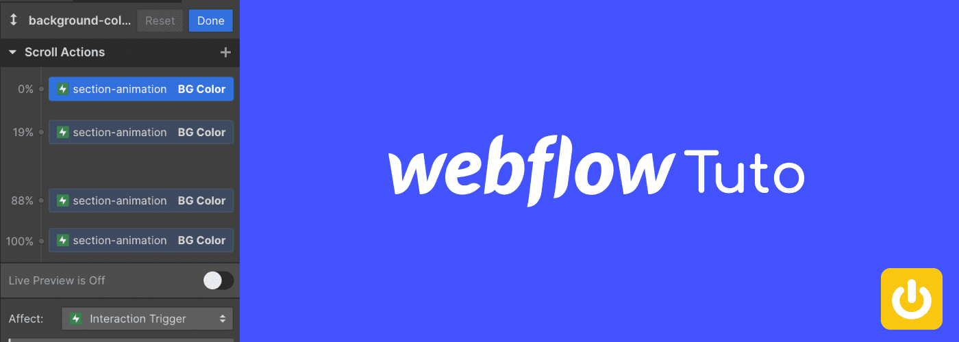 Aperçu d'une animation sur le BG color dans Webflow avec logo Weflow Tuto