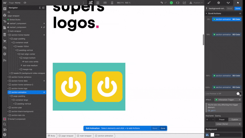 Live preview animation dans Webflow