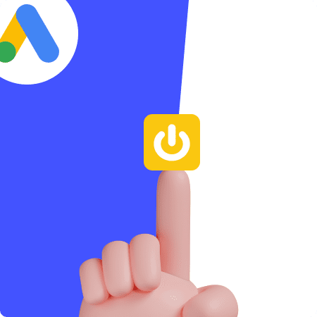 Icone google Ads en haut à gauche et une main avec le Power Jaune de Digidop au centre