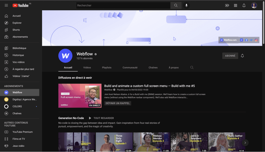 Chaine youtube de Webflow
