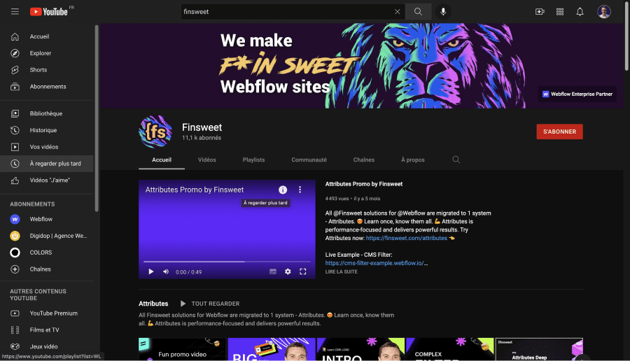 Chaîne Youtube de Finsweet