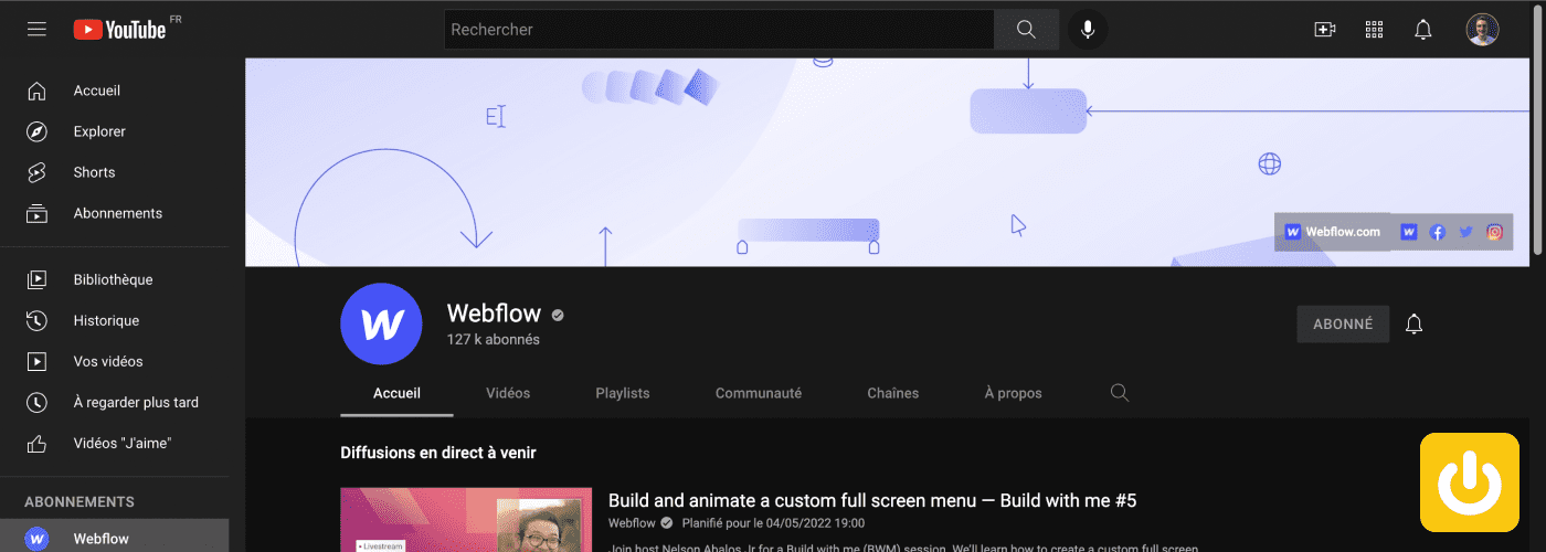 Capture d'écran de la chaîne Youtube de Webflow