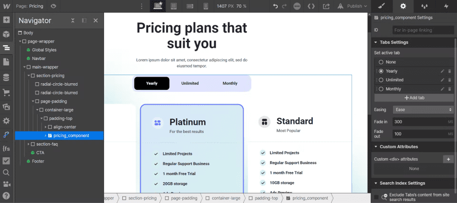 Renommer les onglets de l'élément Tabs de Webflow depuis les paramètres