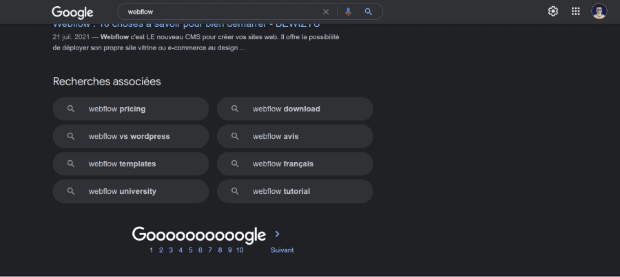 Interface outil de recherche de mot-clés : Google