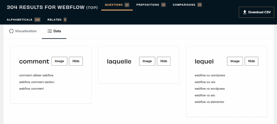 Interface outil de recherche de mot-clés : AnswerThePublic