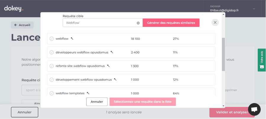 Interface outil de recherche de mot-clés : Dokey