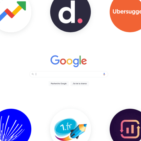Barre de recherche Google avec les logos d'outils comme Google Trends, 1.fr, dokey, ubersuggest