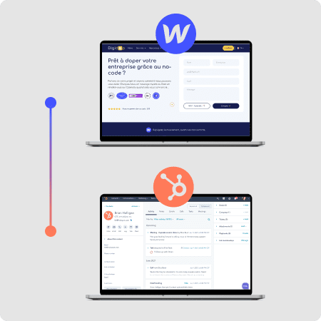 macbook pro avec page contact du site digidop et un logo webflow, un mackbook pro avec interface hubspot et logo hubspot, un trait bleu et orange, un trait bleu et orange qui relie les ordinateurs