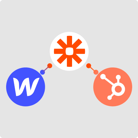 Logo webflow zapier et hubspot reliés entre eux