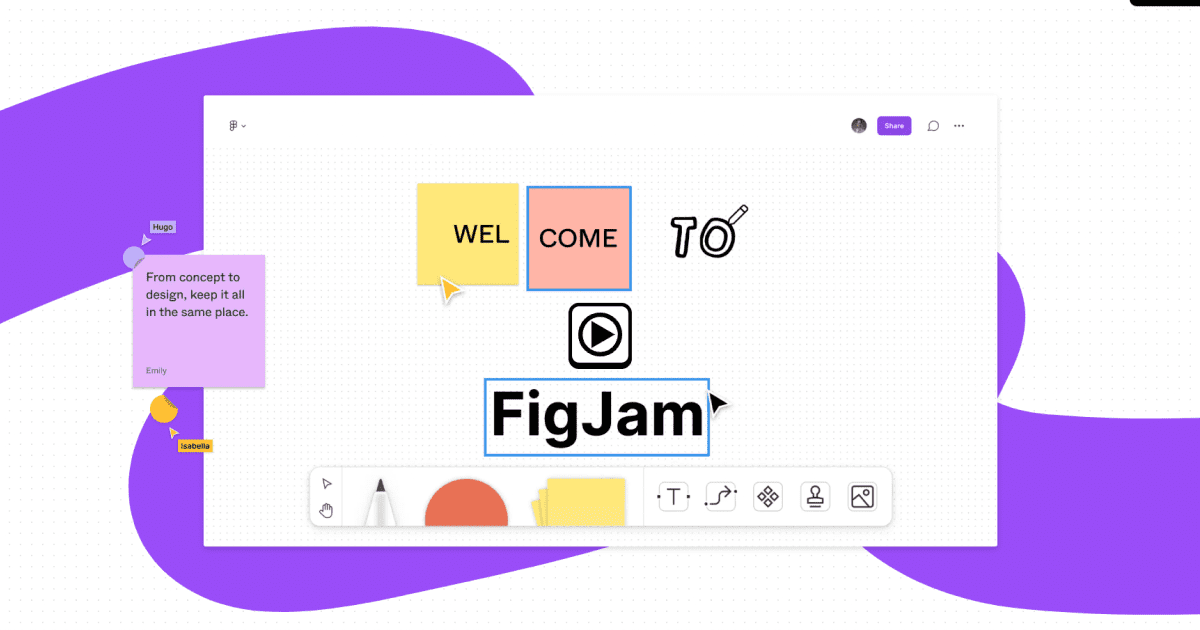 interface FigJam avec des post it des textes et des curseurs qui intéragissent
