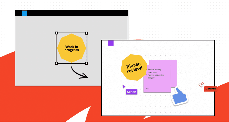 interface figma et figjam avec design sur fond rouge