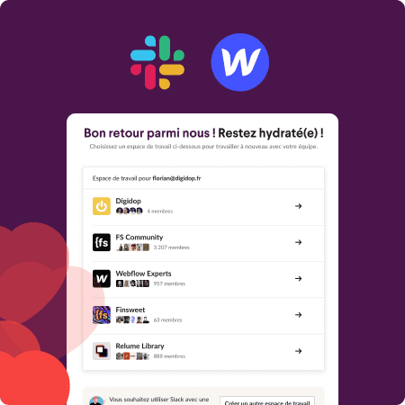 Logo Slack et Webflow avec 5 channels (Finsweet, Digidop, Webflow Expert..)
