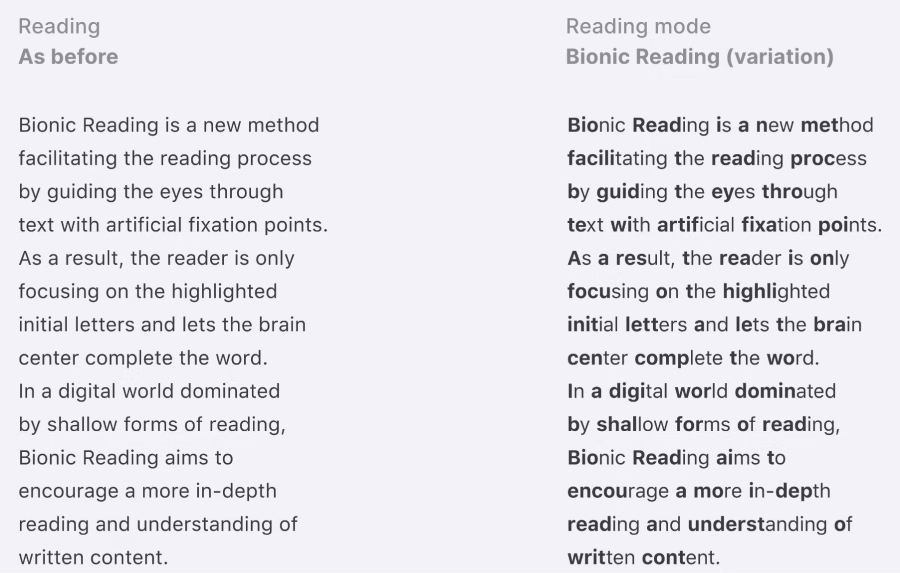Exemple de texte avec bionic reading et sans