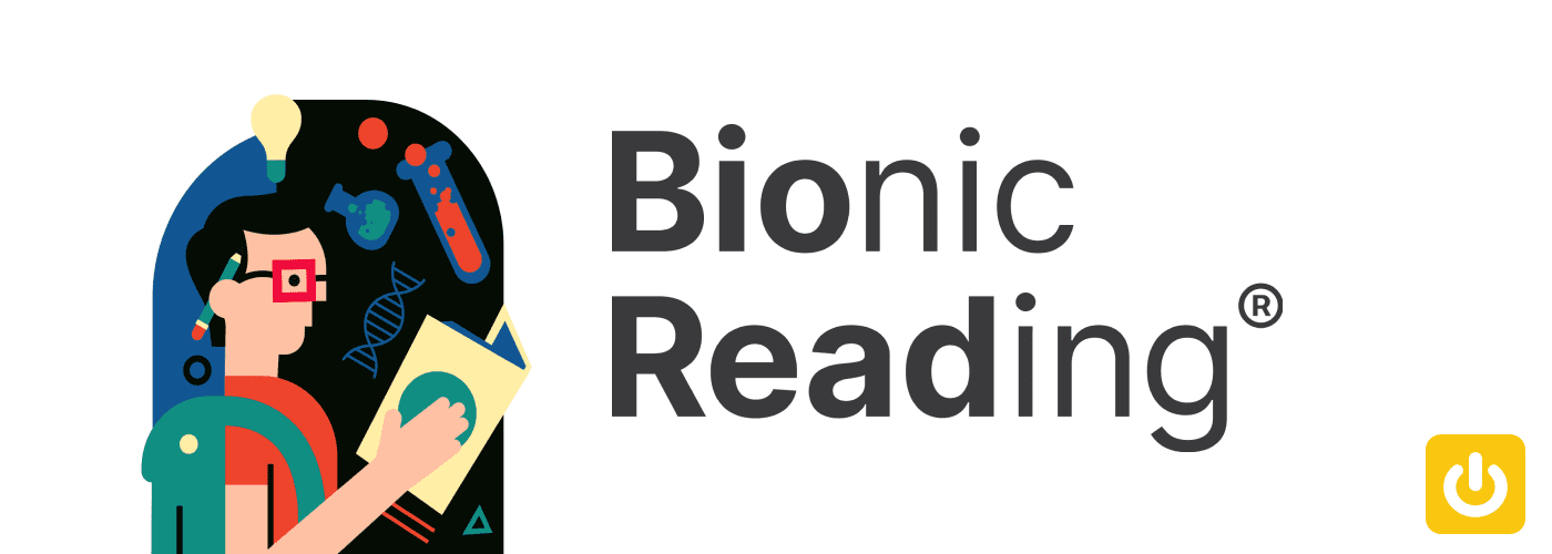 Logo Bionic reading avec un dessin d'homme scientifique en train de lire