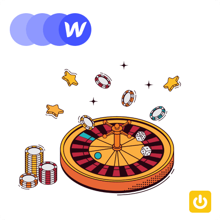 Logo Webflow avec une roulette de casino et des jetons