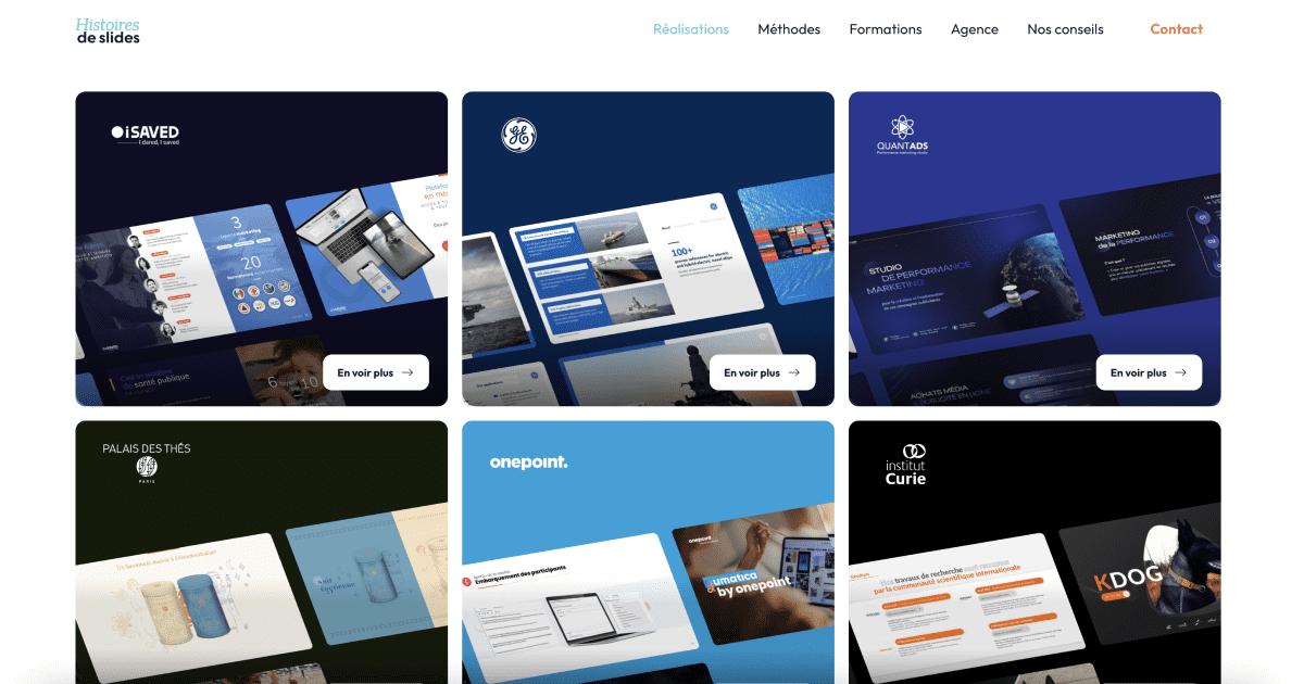6 cartes avec des slides présentants les cas clients