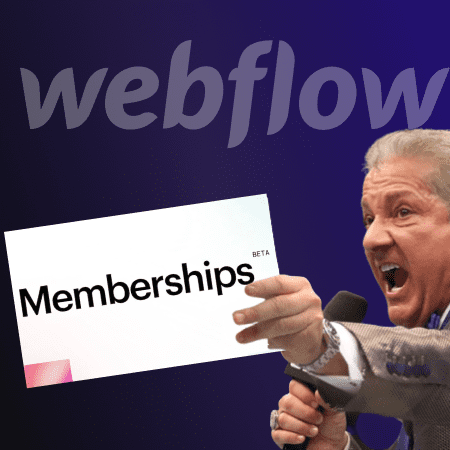 Bruce buffer avec à la main une carte "Membership BETA" faisant son annonce iconique "IT'S TIME" et le logo Webflow en arrière plan