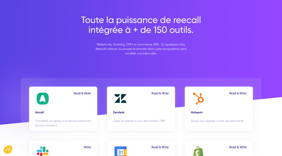 Page intégrations Reecall