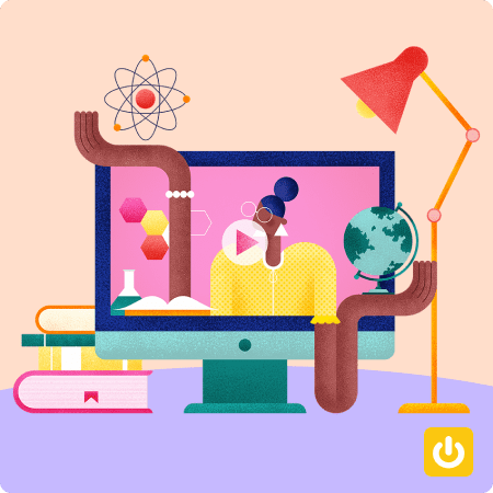 Illustration représentant le partage de connaissance avec notamment un ordinateur, une lampe, des livres, et un globe