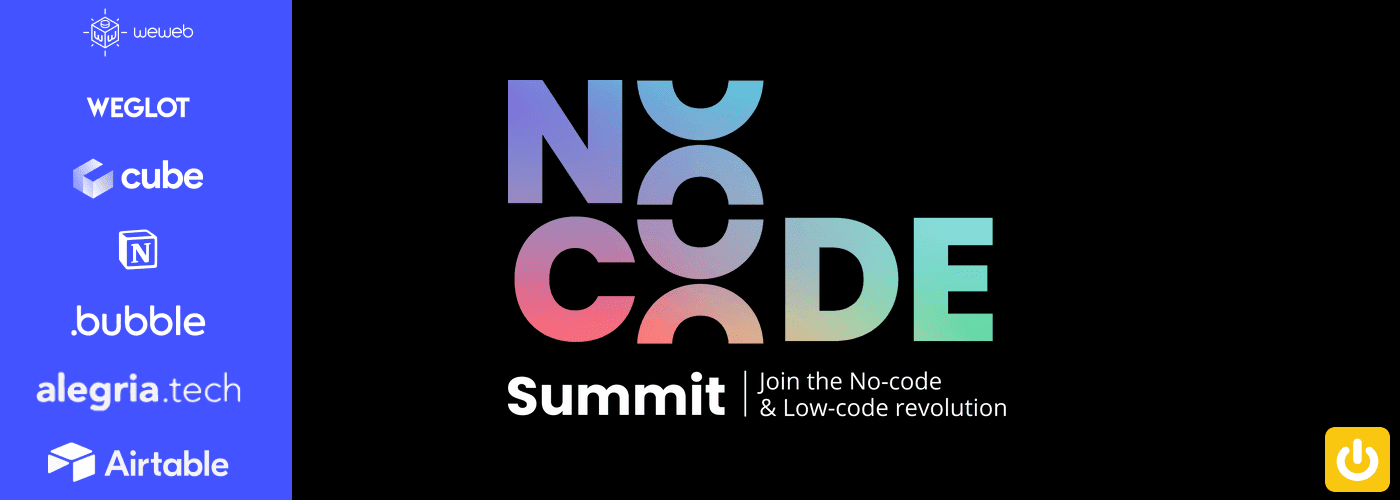 Logo du nocode summit avec des outils partenaires (notion, airtable, bubble)