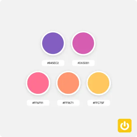 Palette de couleurs violet mauve orange jaune avec icone power digidop jaune