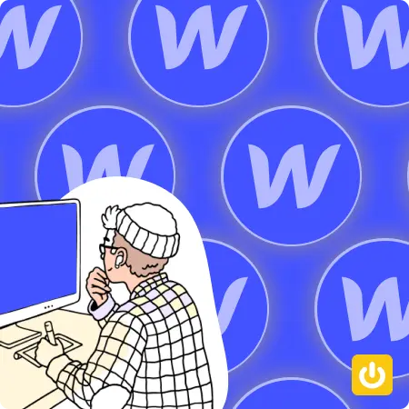 A man studiyng Webflow with Webflow Logo on his background