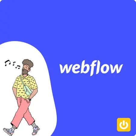 Logo Webflow avec un homme chantonnant et des icônes de musique